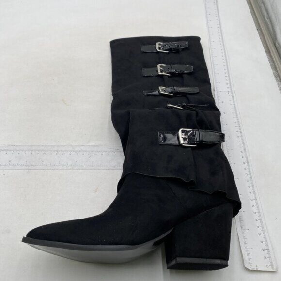 Fold Over Boots Knee High Chunky Block Heel Boots with Belts Black Shoes - Picture 1 of 7